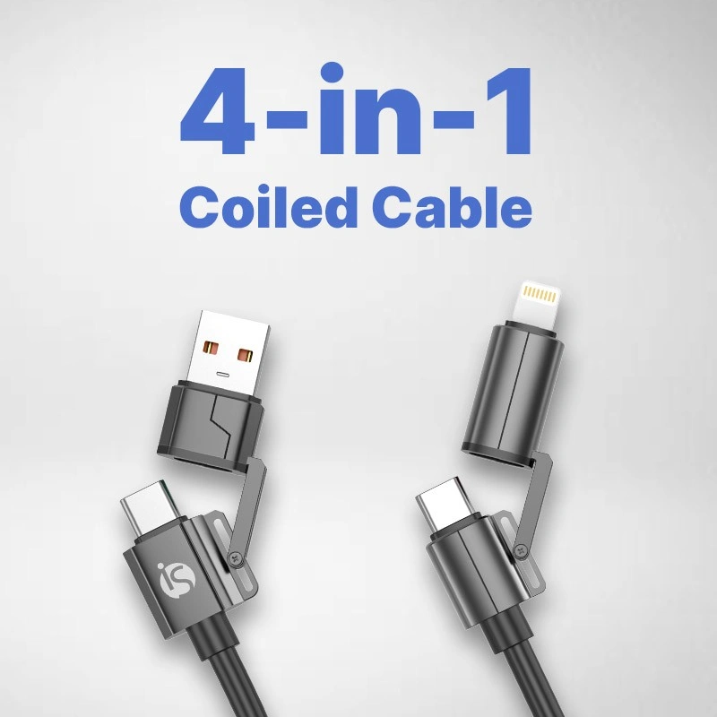 Cable espiral 4 en 1 - USB-A, USB-C, Lightning hasta 60 W