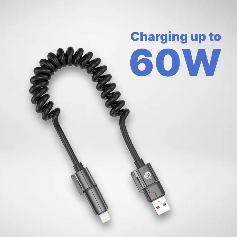 Cable espiral 4 en 1 - USB-A, USB-C, Lightning hasta 60 W