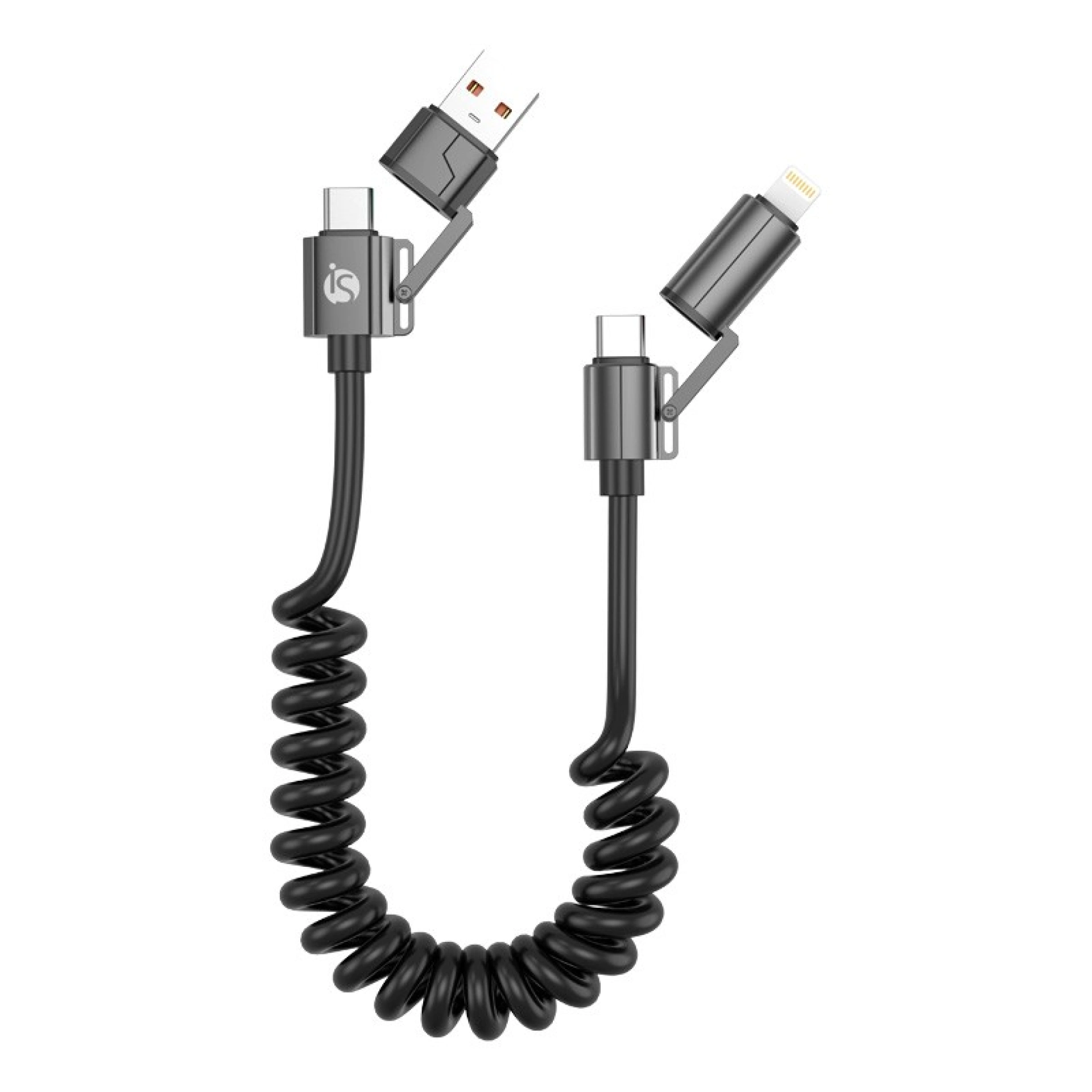 Cabo Espiral 4 em 1 - USB-A, USB-C, Lightning até 60W