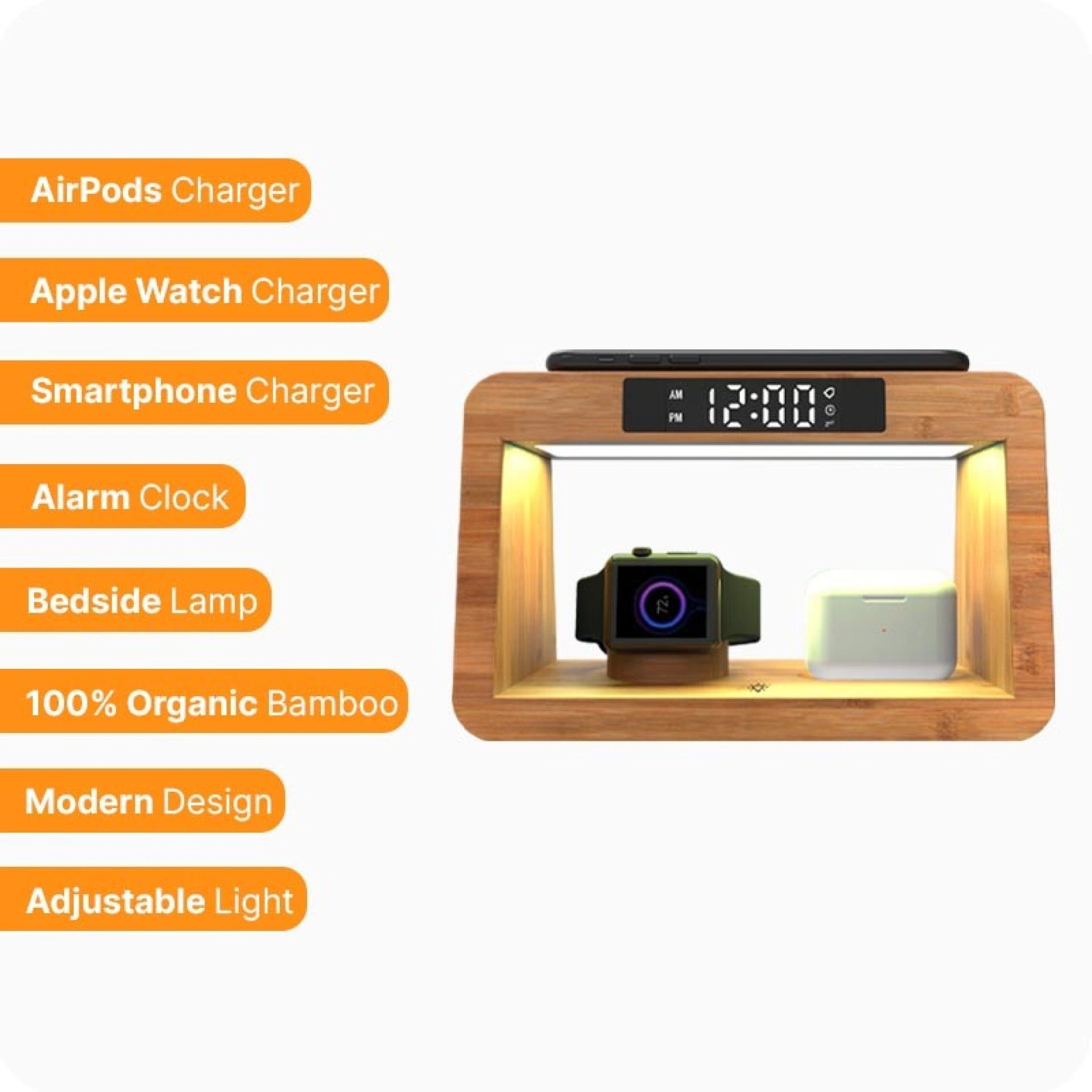 Candeeiro com Carregador Wireless Bamboo 5 em 1